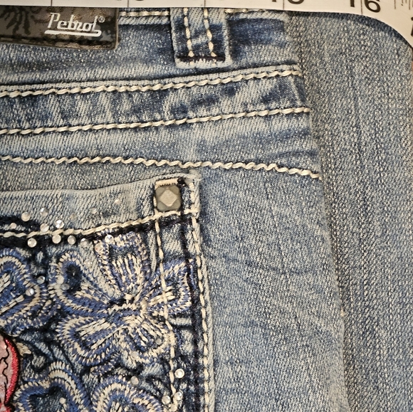 Petrol bootcut jeans with embroidered pink flowers skull and lizard size 28 - Picture 10 of 10